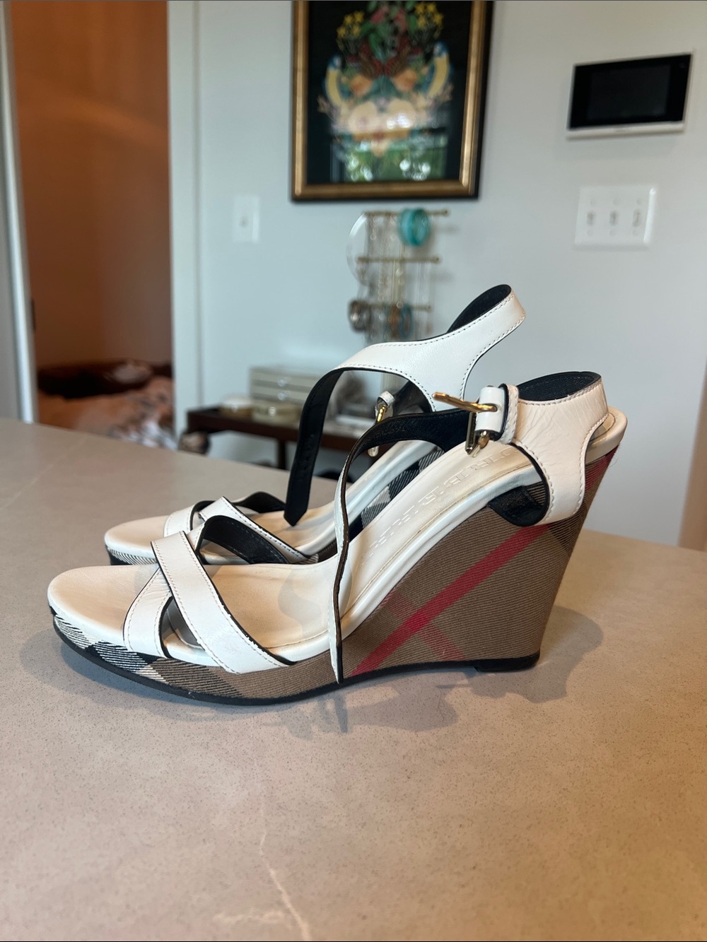 Burberry White Leather Wedge Sandals with Signature Check Wedge